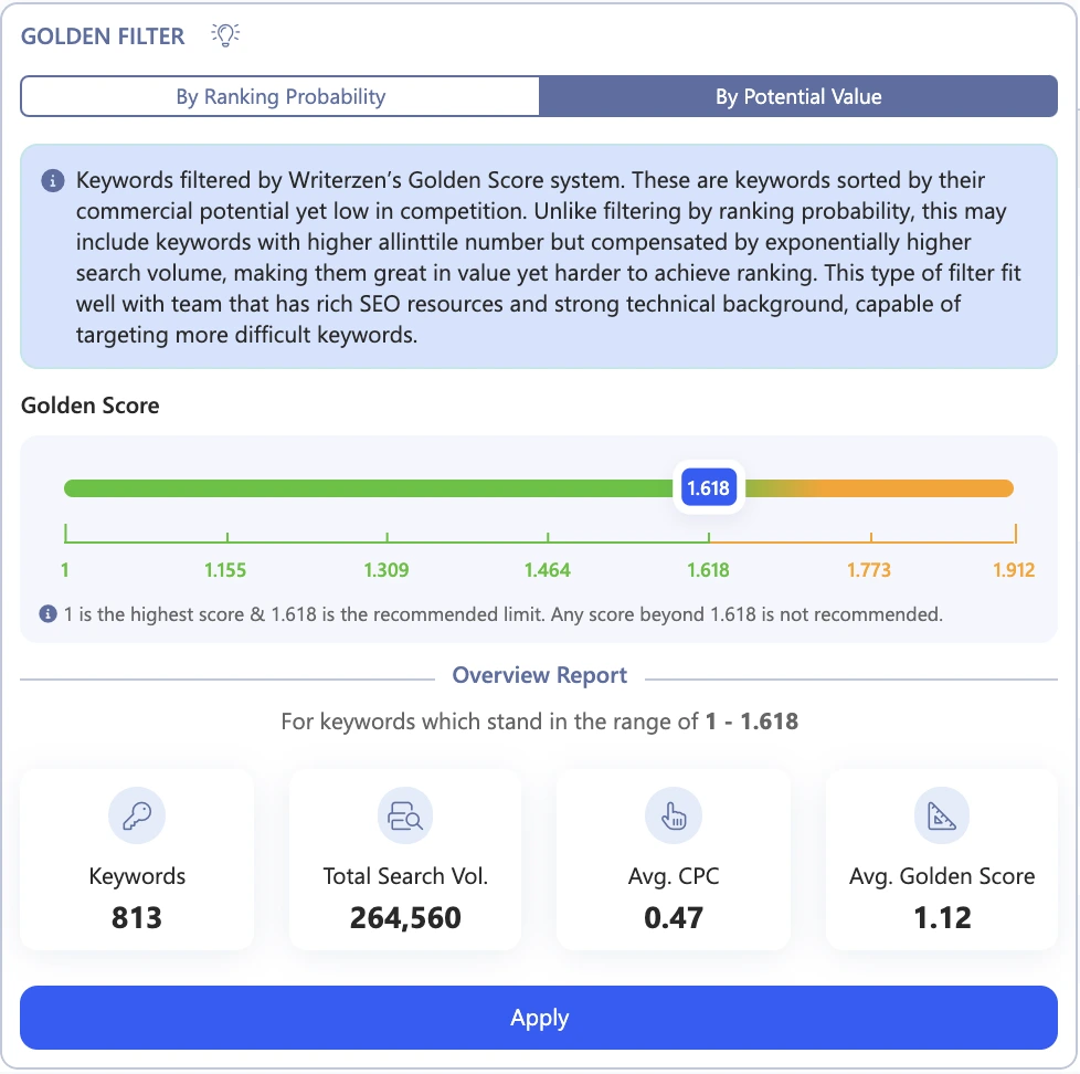 Golden Filter by Potential Value